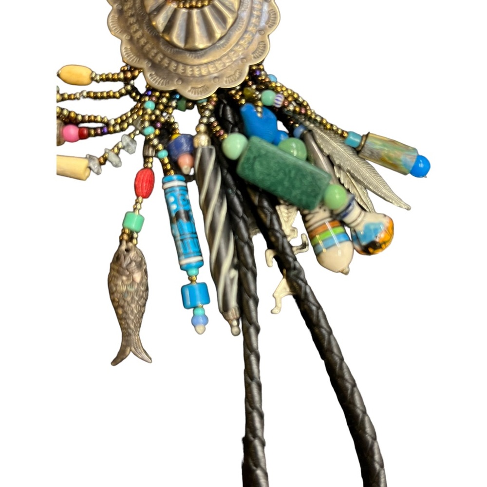 Vintage Leather Bolo Tie Southwestern Beads Gemstone Beads Multi-strand - Picture 6 of 16
